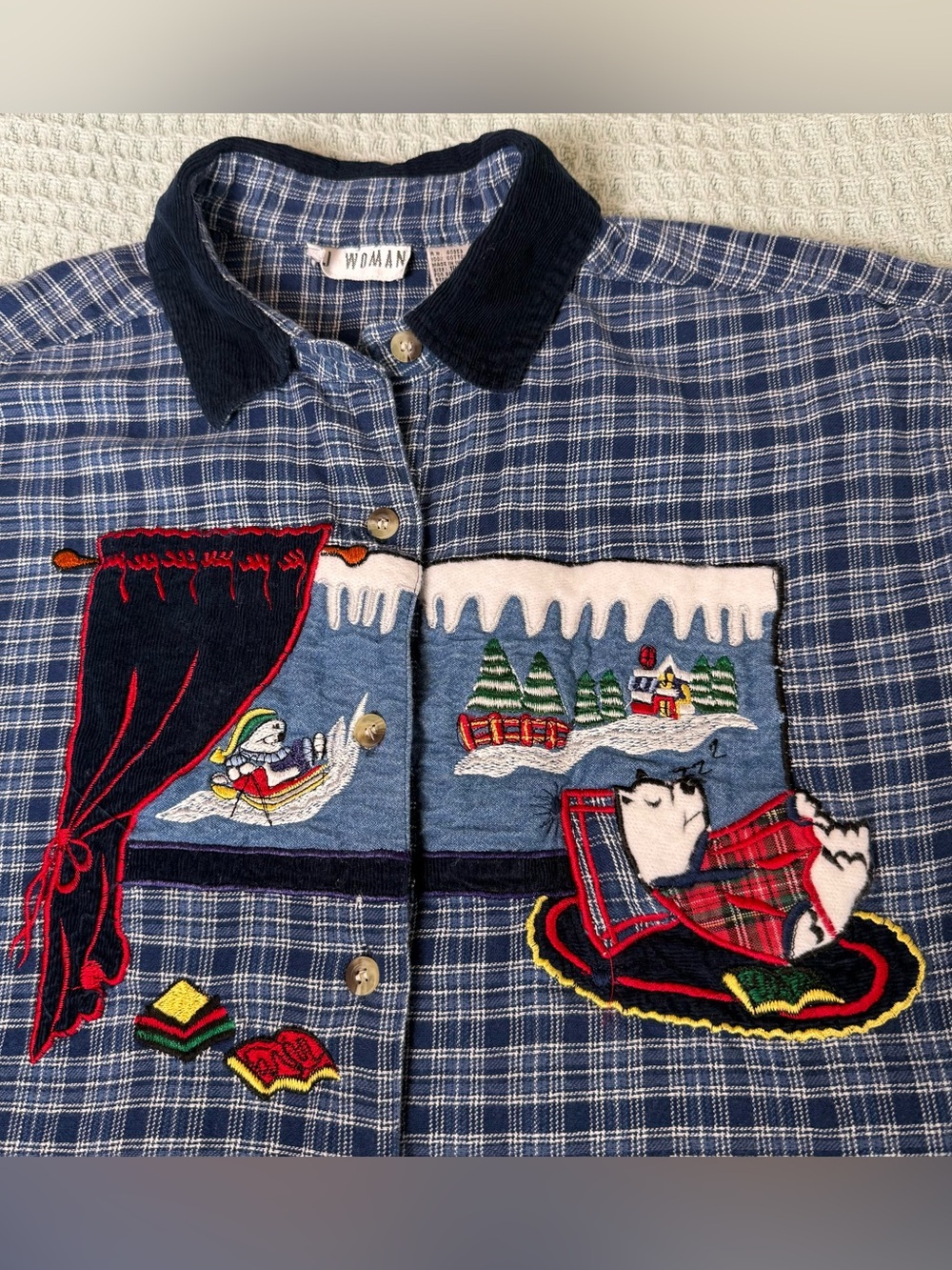 Vintage 90s Embroidered Christmas Winter Shirt Women 18W Blue Plaid VJ Woman Top